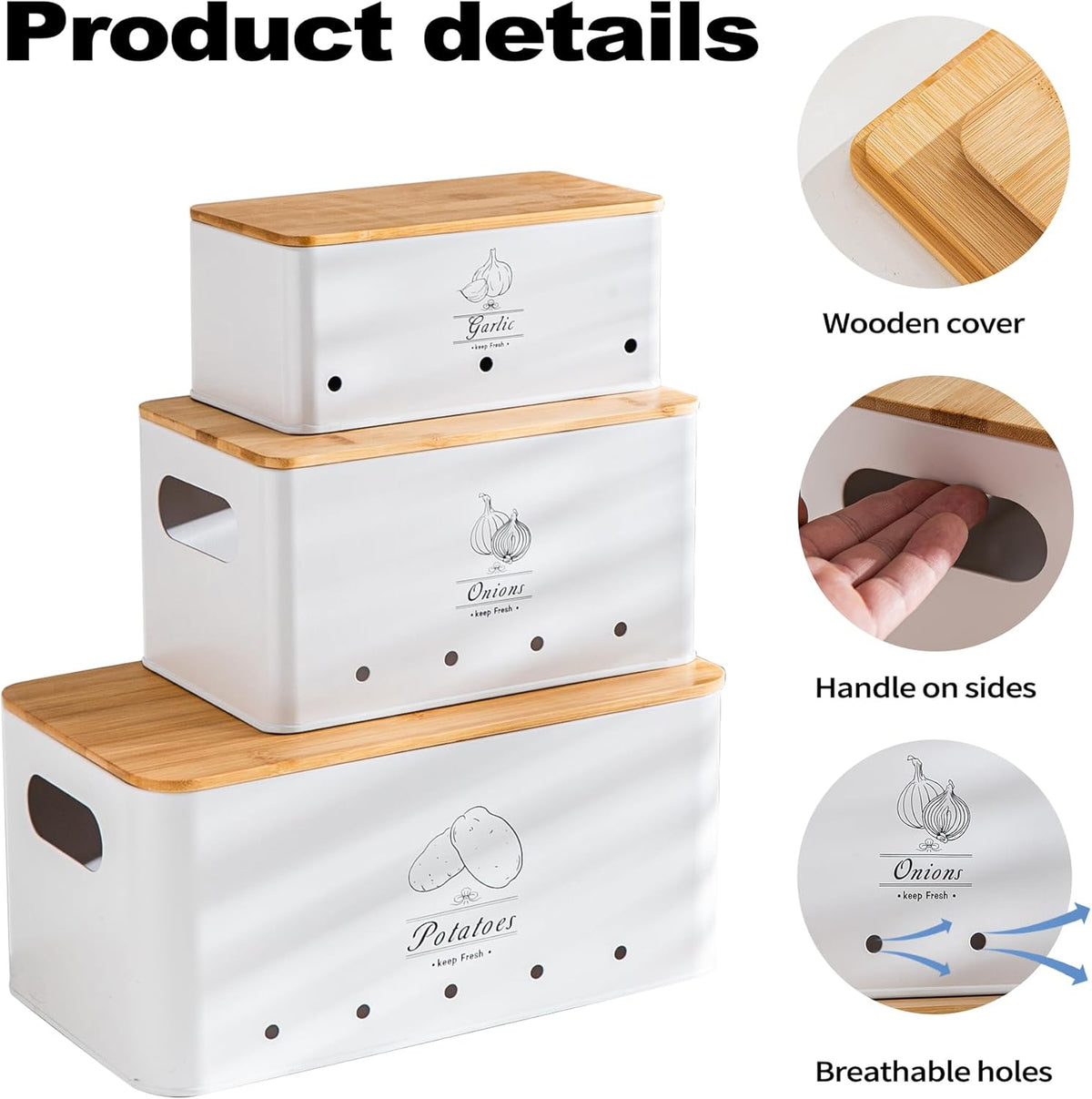 Potato Onion and Garlic Storage Bin Set of 3, Black Metal Kitchen Vegetable Canisters with Bamboo Lid and Aerating Holes, Stackable Kitchen Storage Tin for Countertop Pantry
