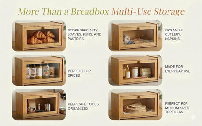 Chiron’s Pantry Bread Box with Clear View Window, Premium Bamboo Bread Storage for Kitchen Countertop, Farmhouse Organizer with Lid for Brioche, Gluten‑Free Loaves and Everyday Baked Goods
