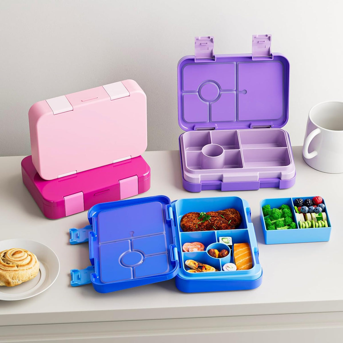 Bento Lunch Box for Kids, 6 Compartments BPA Free, Dishwasher Safe Back to School Snack Bento Lunch Containers Boxes, Ideal Portion Sizes for On-the-Go Meal, Ages 3+, School, Green Patterned