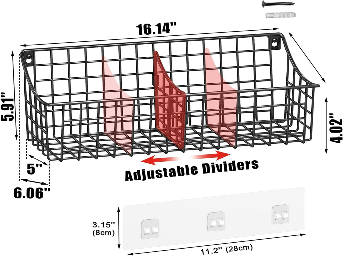 Sonyabecca 6 Pack Hanging Wall Basket for Organizing, Large Wire Basket for Storage Pantry with 5 S Hook+6 Adhesive Hook, Wall Mounted Shelf for Kitchen Bathroom