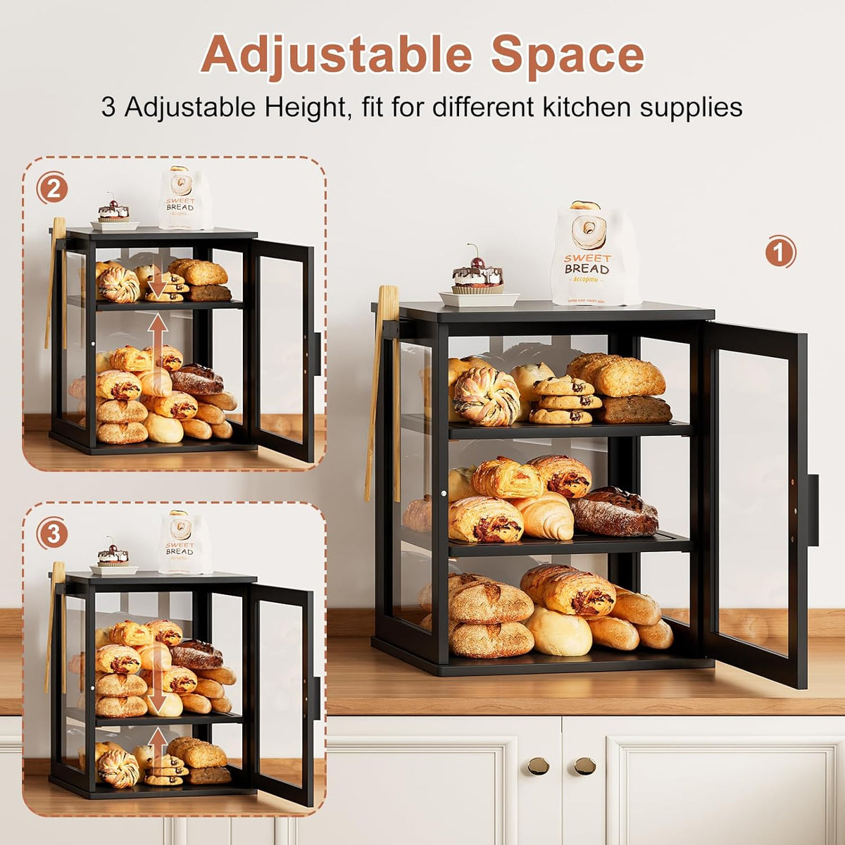 WOWLIVE Black Bread Box for Kitchen Countertop, Large 3 Layers Bread Storage Container for Homemade Bread with Window, Farmhouse Breadbox Organizer for Kitchen, Cabinet, Pantry (Black, Meduim)