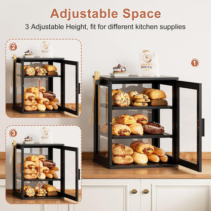 WOWLIVE Black Bread Box for Kitchen Countertop, Large 3 Layers Bread Storage Container for Homemade Bread with Window, Farmhouse Breadbox Organizer for Kitchen, Cabinet, Pantry (Black, Meduim)