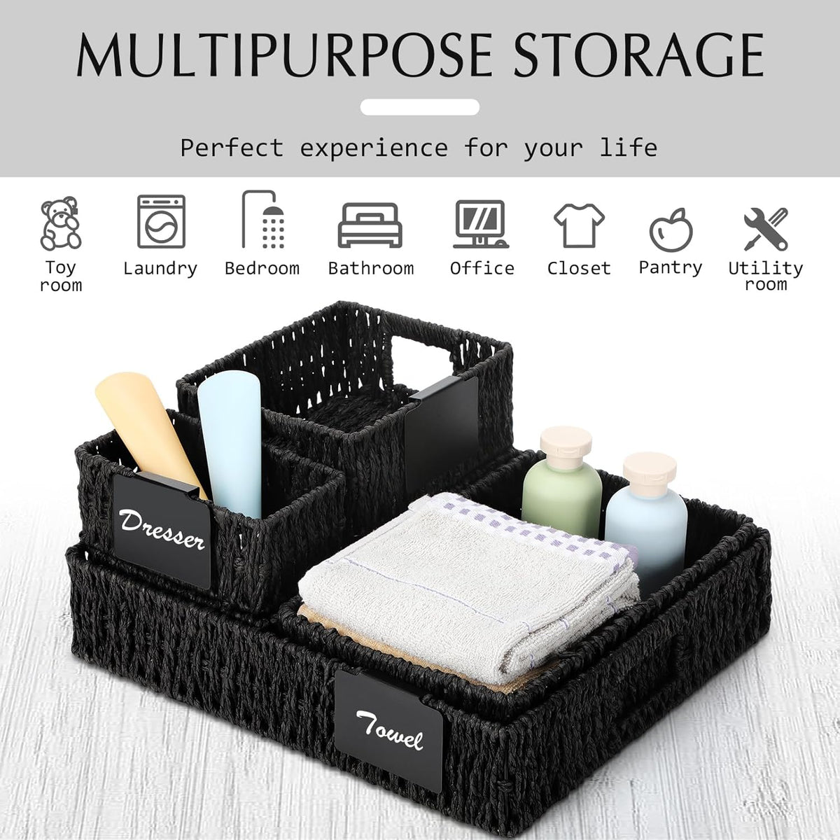Marsui 9 Pcs Wicker Storage Baskets for Pantry Organization with Handle Labels Handwoven Multi-size Dark Brown Small Organizer Baskets Storage Bin Container for Shelves Closet Toilet Christmas Holiday