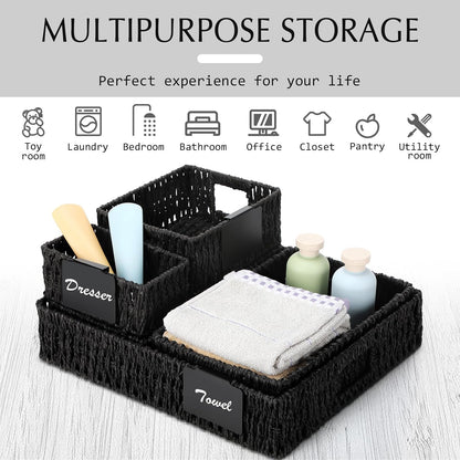 Marsui 9 Pcs Wicker Storage Baskets for Pantry Organization with Handle Labels Handwoven Multi-size Dark Brown Small Organizer Baskets Storage Bin Container for Shelves Closet Toilet Christmas Holiday