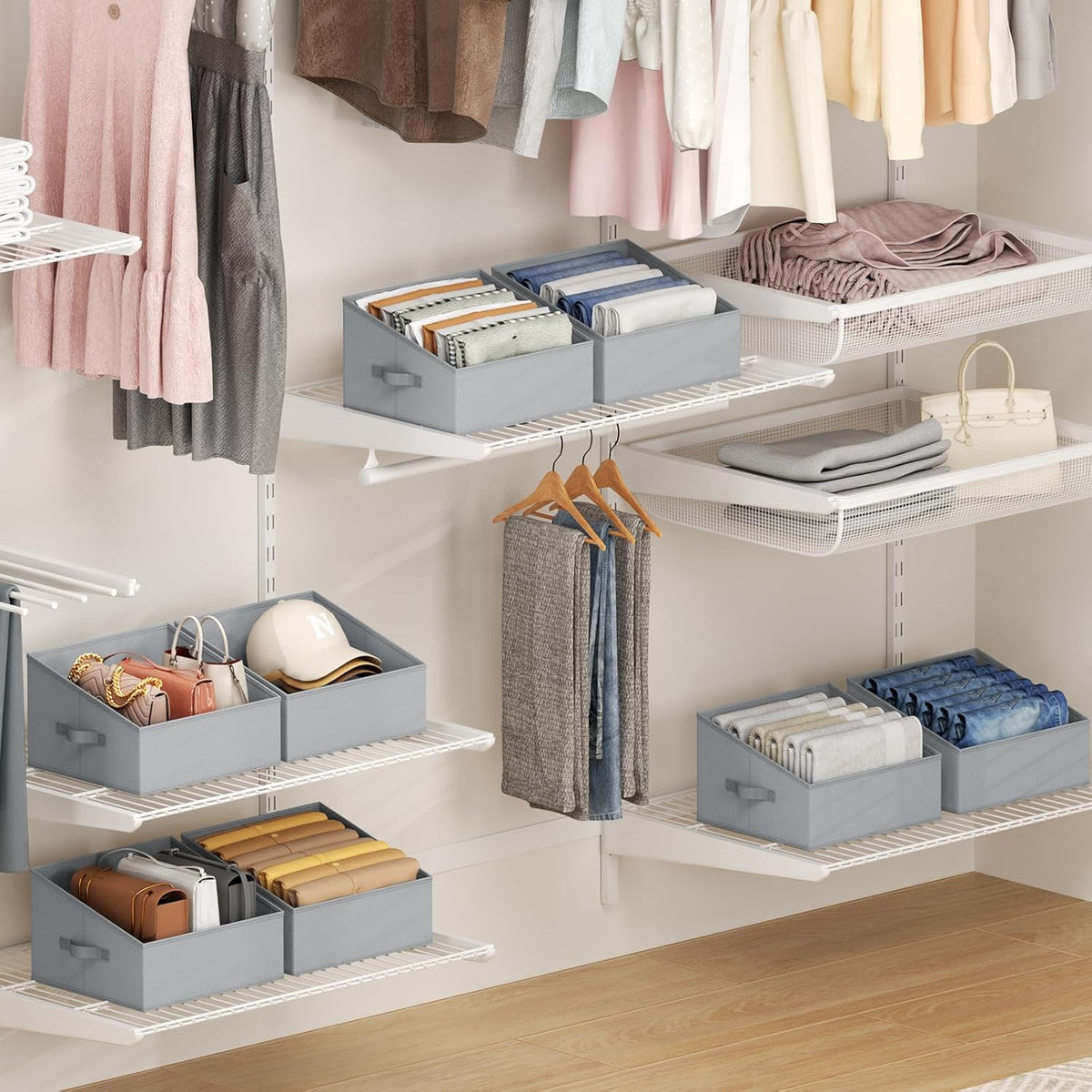 DIMJ Closet Storage Bins - Fabric Storage Baskets for Shelves, Collapsible Closet Organizers and Storage with Handles, Trapezoid Shelf Organization Storage Cubes for Purse, Toys, Books, Towel, Socks