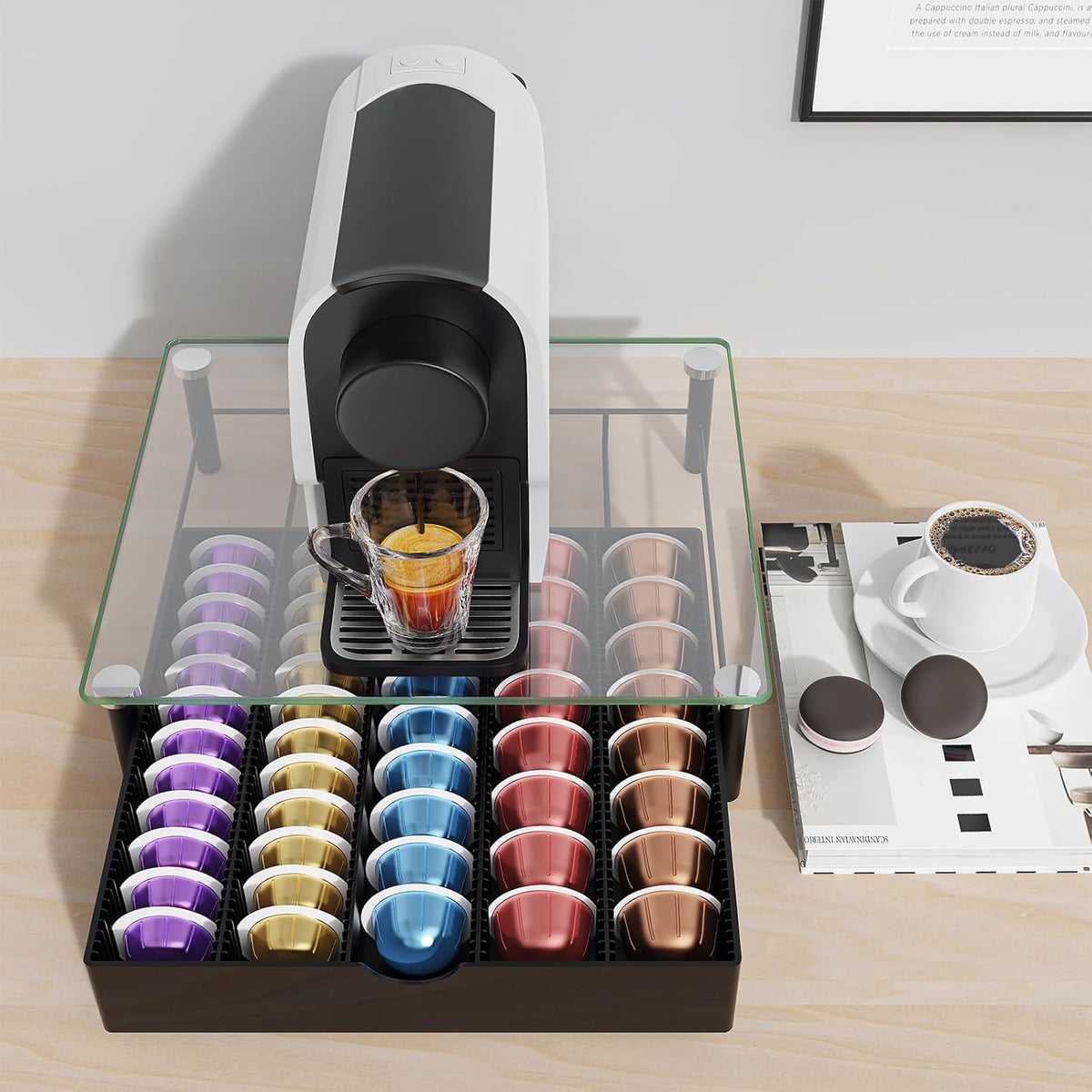 gianotter Crystal Tempered Glass Vertuo Pod Holder Drawer, Compatible with Nespresso Vertuo Capsules, Compatible with 40 Large or 60 Small Nespresso Capsule Organizer (transparent)