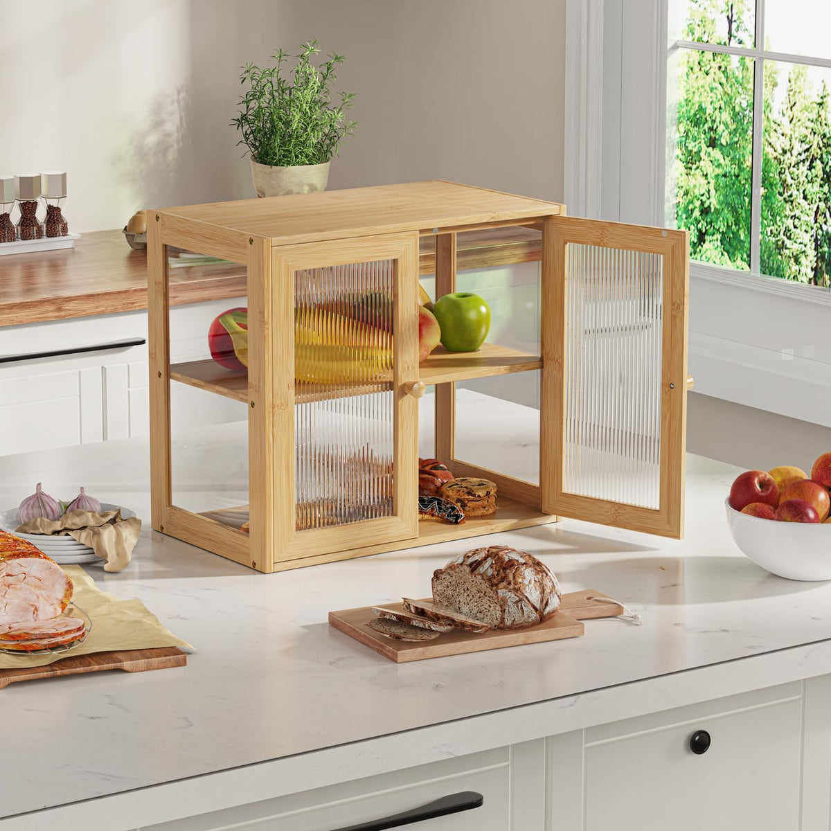 BAMBANG Bamboo Bread Box for Kitchen Countertop, Extra Large Farmhouse Bread Box with 4-Side Clear Panels, Wooden Bread Storage Container for Homemade Bread, Natural
