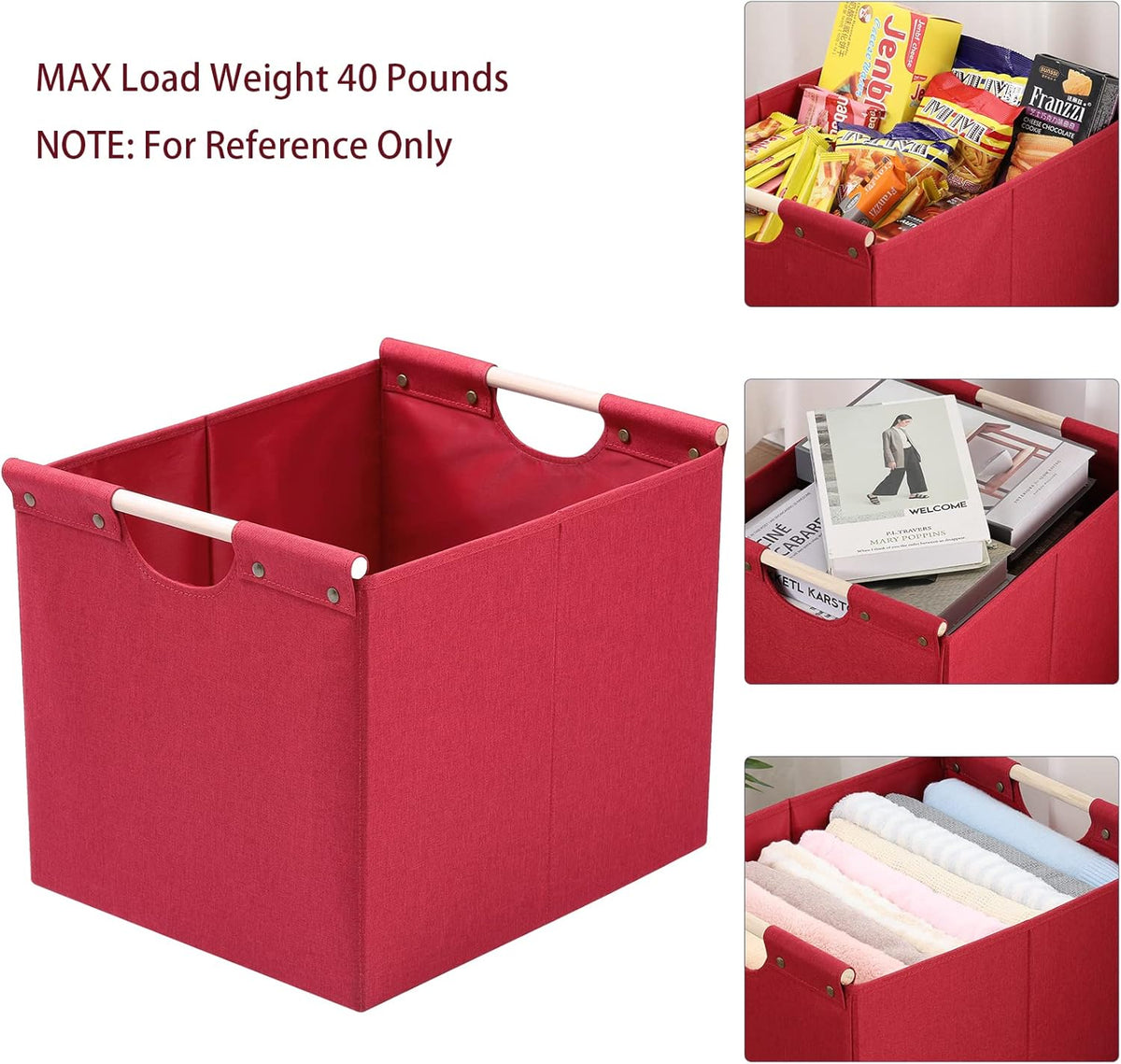 HOONEX Large Collapsible Storage Bins, Linen Fabric, Pack of 2, Storage Baskets with Wooden Carry Handles and Sturdy Heavy Cardboard, for Home, Office, Car, Nursery, Black