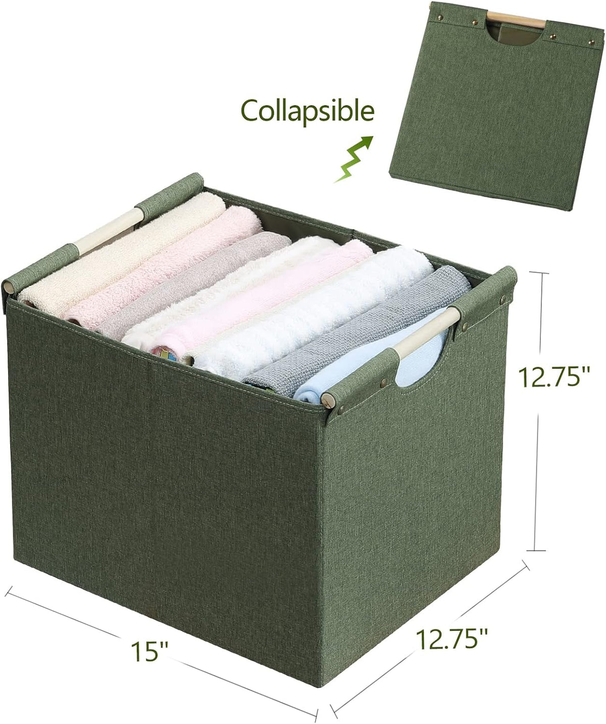 HOONEX Large Collapsible Storage Bins, Linen Fabric, Pack of 2, Storage Baskets with Wooden Carry Handles and Sturdy Heavy Cardboard, for Home, Office, Car, Nursery, Black