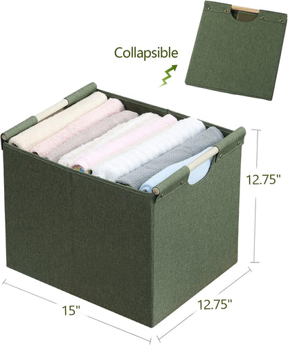HOONEX Large Collapsible Storage Bins, Linen Fabric, Pack of 2, Storage Baskets with Wooden Carry Handles and Sturdy Heavy Cardboard, for Home, Office, Car, Nursery, Black