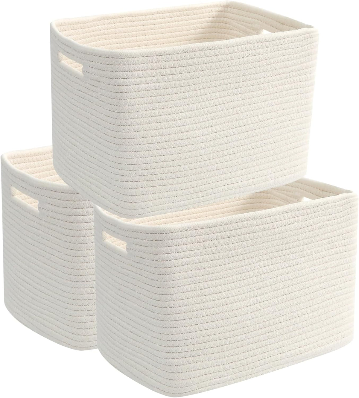 3 Pack Woven Rope Storage Baskets for Shelves,13.5"×11"×9.5" Storage Bins with Handles,Empty Gift Baskets,Nursery Organizer for Toys,Towels,Books,Closet,Living Room,Bedroom (White & Brown)