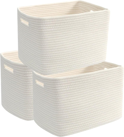 3 Pack Woven Rope Storage Baskets for Shelves,13.5"×11"×9.5" Storage Bins with Handles,Empty Gift Baskets,Nursery Organizer for Toys,Towels,Books,Closet,Living Room,Bedroom (White & Brown)