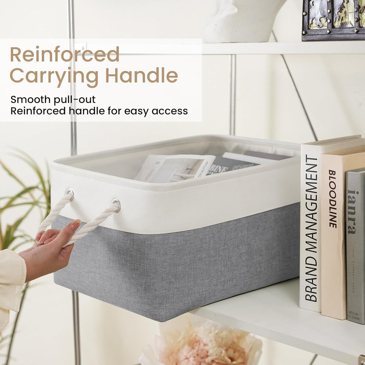 Large Storage Baskets- 15.7x11.8x8.26 inch Storage Bins for Shelves and Closet Organizing, Foldable Fabric Bin for Home Organization Clothes and Laundry (3-Pack, White&Khaki)