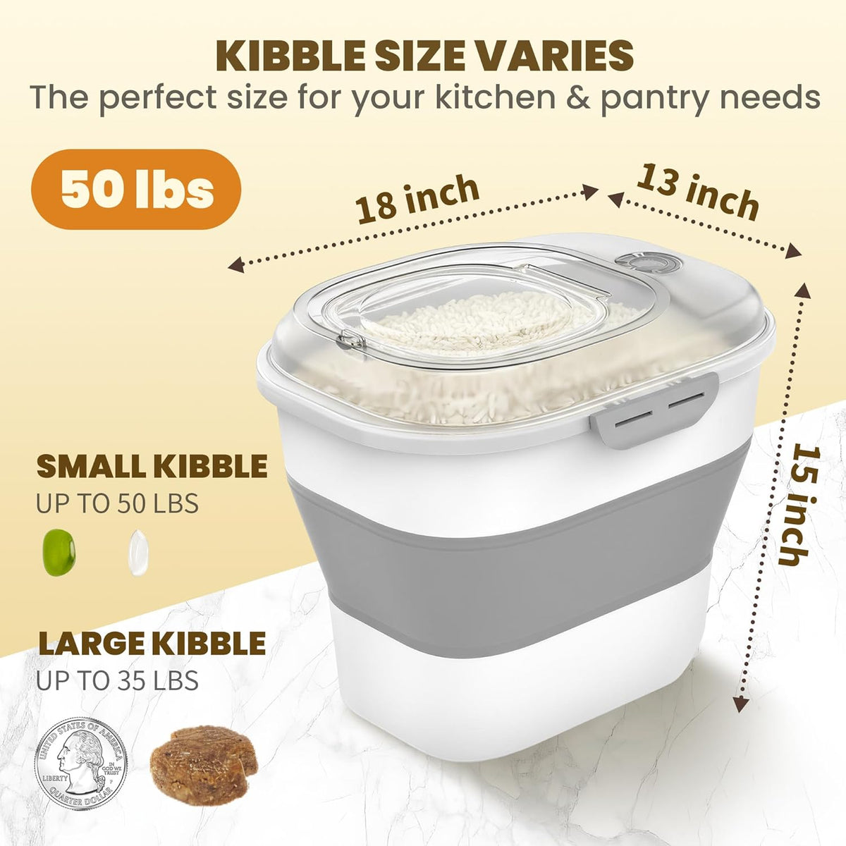 HOYTAMDAR 20-50Lbs Rice Container,Collapsible Food Storage Containers with Airtight Clear Lid,Wheels,Rice Storage Container with Small Bin and Scoop,Rice Dispenser for Flour Sugar Cereal Grain Dog Cat