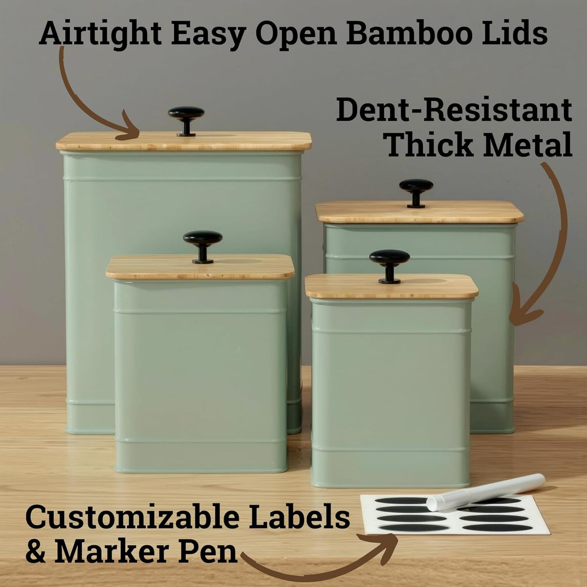 Kitchen Canisters for Countertop Set of 4 with Customizable Chalkboard Labels & Marker Pen - Big Iron Kitchen Canisters with Airtight Lids - Black Canister Set - Flour and Sugar Containers Farmhouse