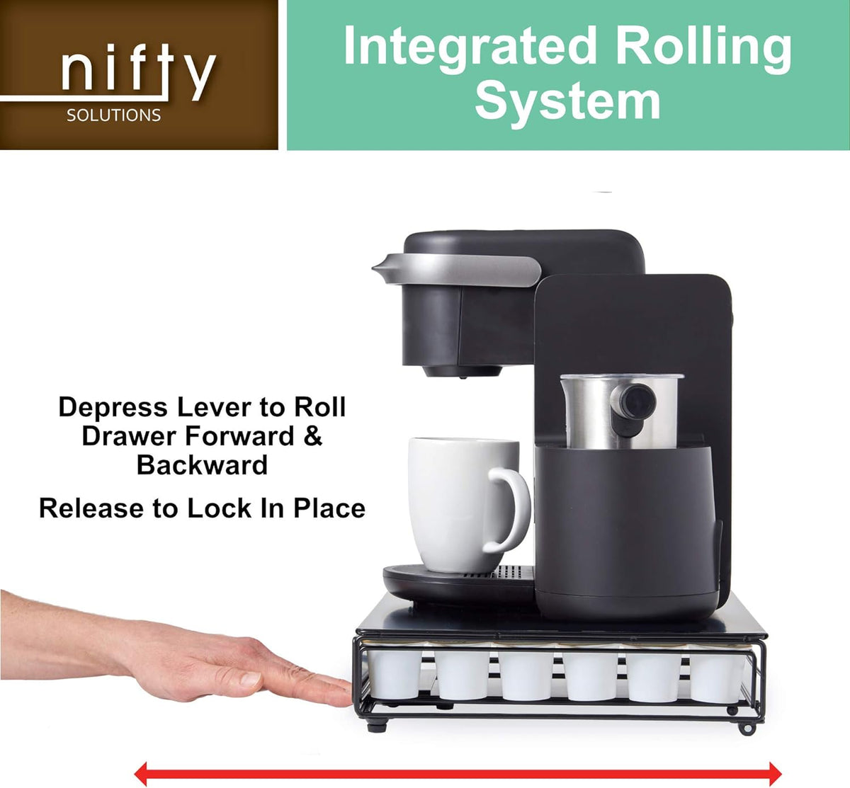 Nifty Coffee Pod Drawer – Compatible with K-Cups, 36 Pod Pack Holder, Non-Rolling, Compact Under Coffee Pot Storage Sliding Drawer, Home Kitchen Counter Organizer, Black