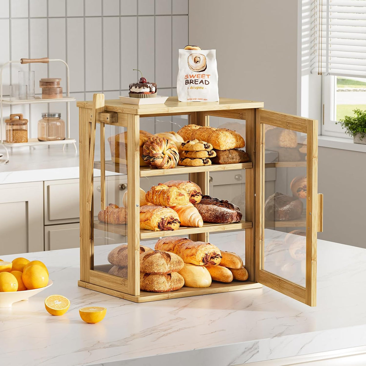 WOWLIVE Black Bread Box for Kitchen Countertop, Large 3 Layers Bread Storage Container for Homemade Bread with Window, Farmhouse Breadbox Organizer for Kitchen, Cabinet, Pantry (Black, Meduim)