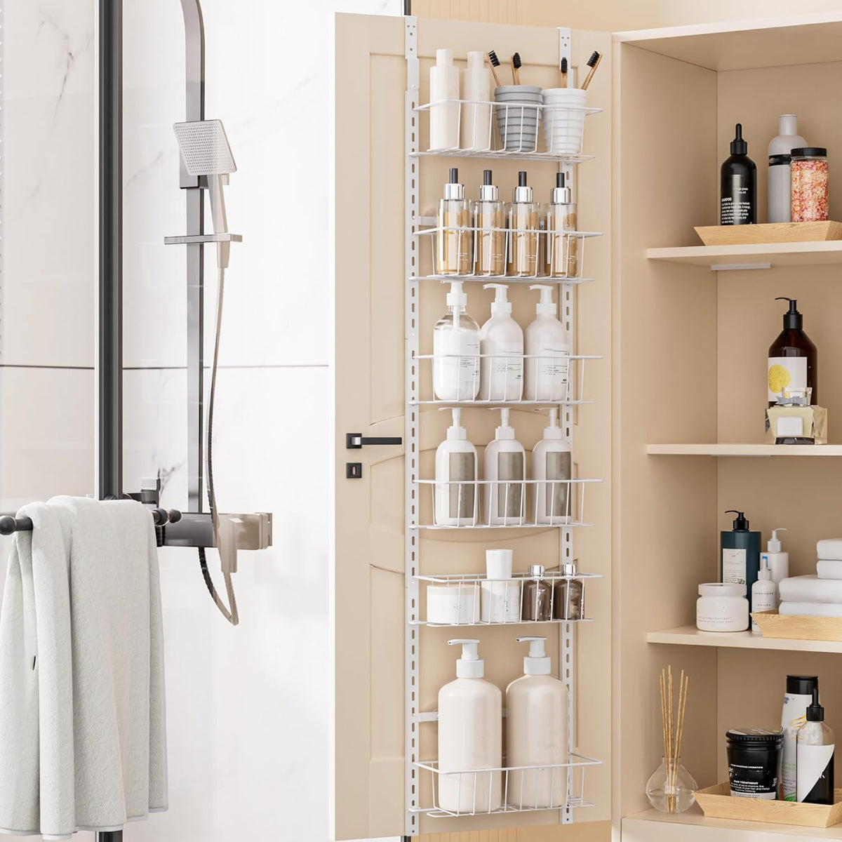 Delamu Adjustable Cabinet Door Organizer, 6-Tier Hanging Spice Rack Organizer, Metal Over the Door Pantry Organizer, Pantry Organizers and Storage Shelves for Kitchen Bathroom Laundry Room, White M