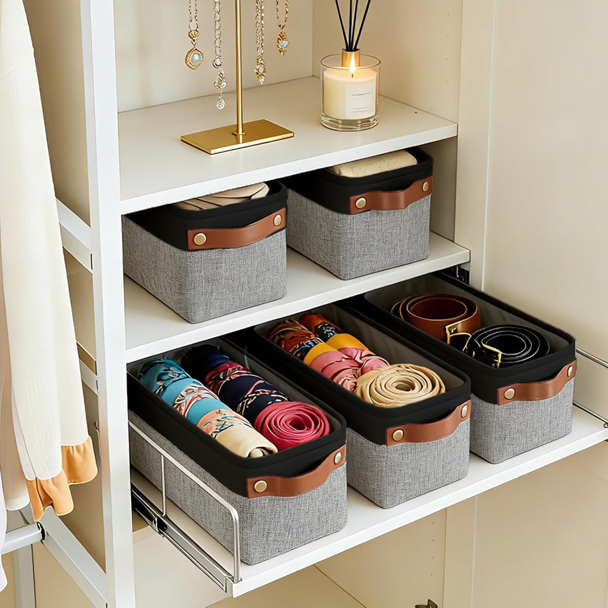 Bagnizer Large Fabric Storage Baskets | 50L Storage Bins, Decorative Linen Closet Baskets with Handles for Organizing, Shelf, Toys, Clothes, Home, Office, Nursery, 17x12x15Inches (Grey&White)