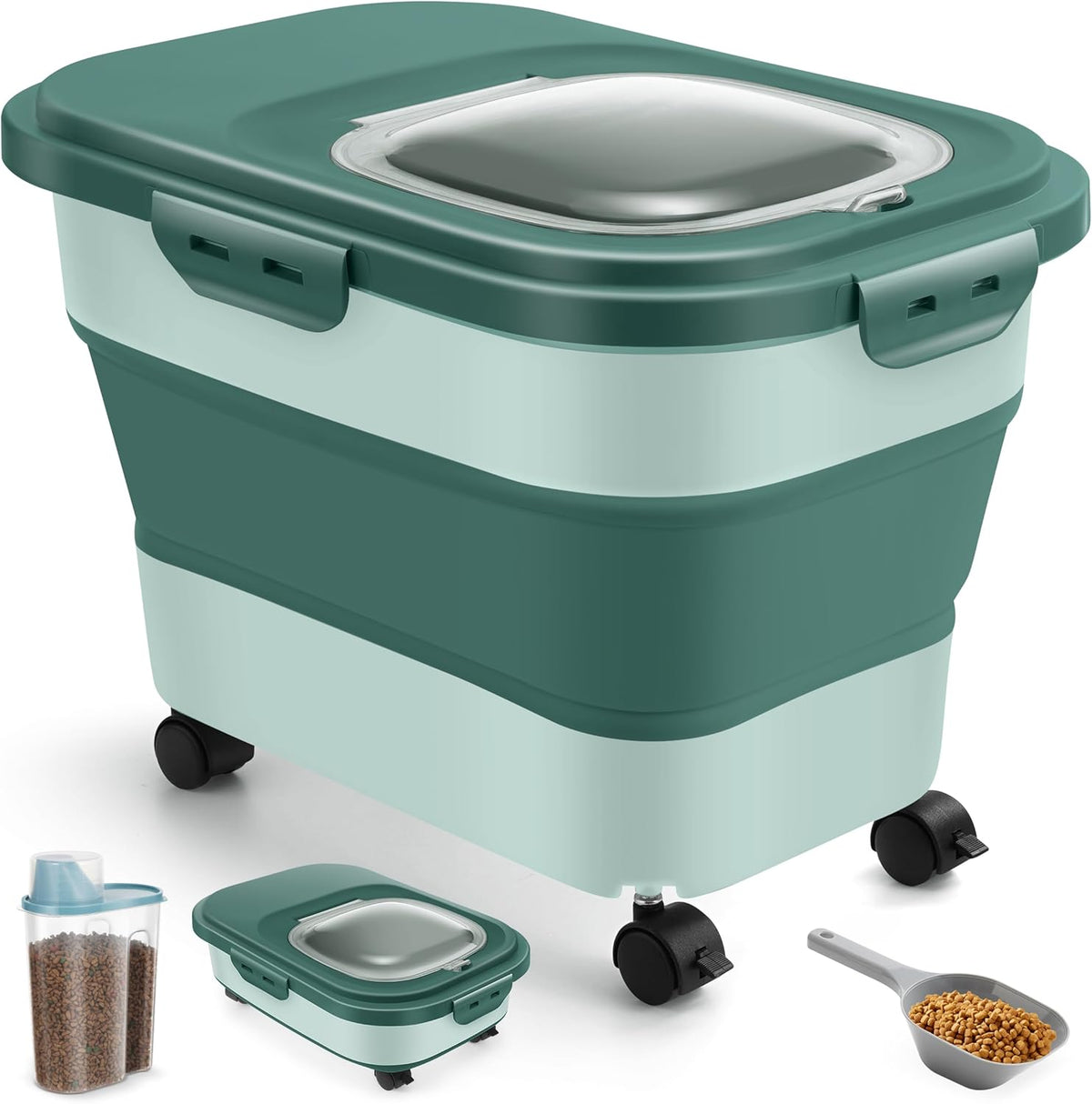 ANVS Airtight Collapsible Pet Food Container With Casters, Scoop and Small Container - Keeps Up To 20lbs Dry Dog Food Fresh (Grey)