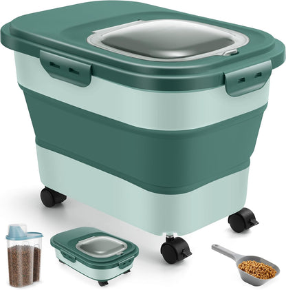 ANVS Airtight Collapsible Pet Food Container With Casters, Scoop and Small Container - Keeps Up To 20lbs Dry Dog Food Fresh (Grey)