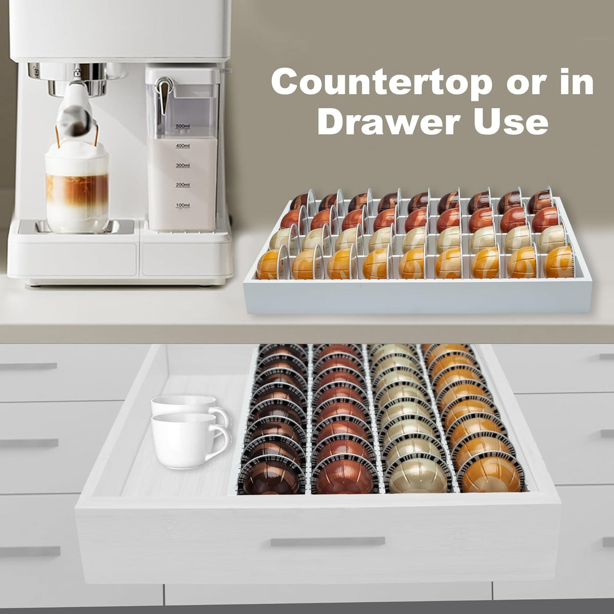MinBoo Bamboo Coffee Pod Storage Holder Drawer Insert for Counter Compatible Nespresso Vertuo Vertuoline Capsules for Kitchen, Home, Office, Coffee Station