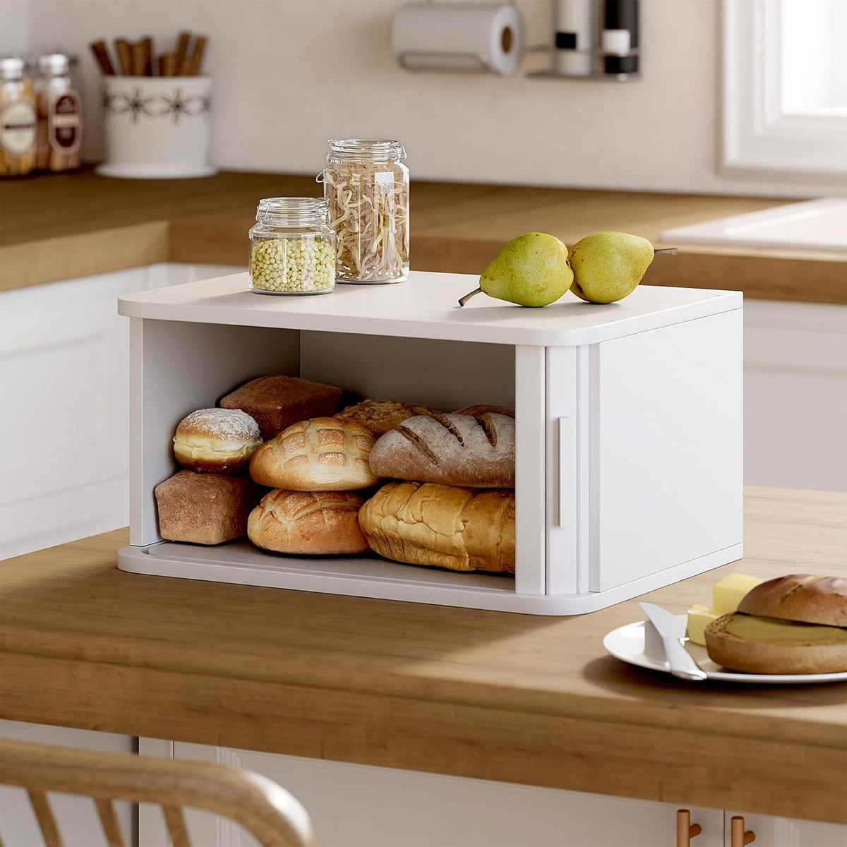 WOWLIVE Bread Box for Kitchen Countertop, Large Roll Top Bread Boxes with Sliding Door, Airtight Bread Storage Container for Loaves, Pastries & Bagels, Bamboo Counter Organizer (Natural, Medium)