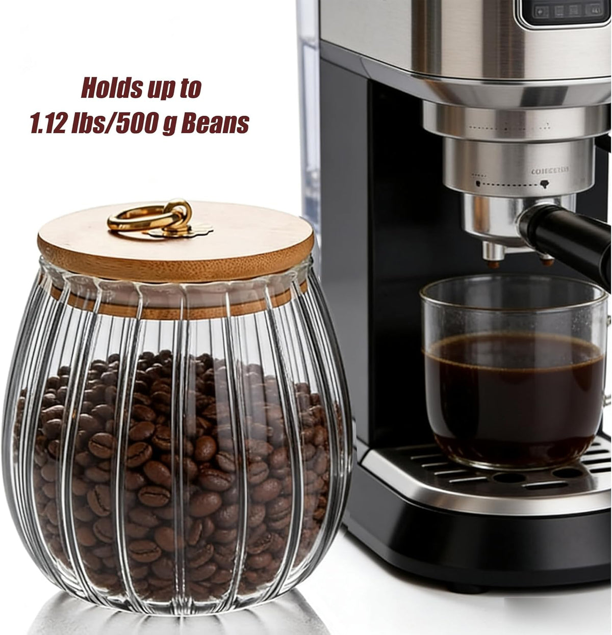 FANTESTICRYAN Glass Coffee Nuts Canister Airtight Storage Jar Petal Decorative Container with Bamboo Lid Metal Handle Easy to Grasp 700ml, 23 FL OZ