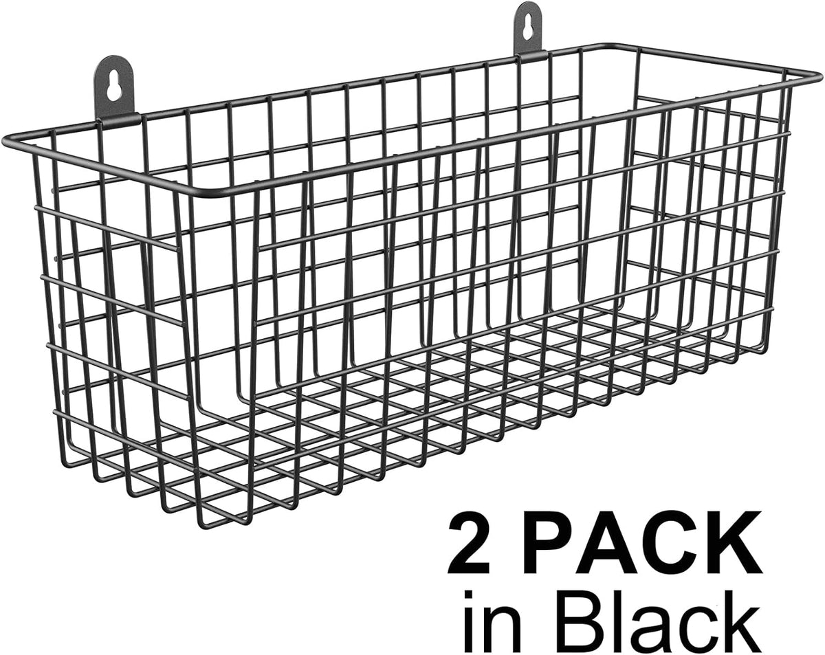 MaraFansie [Extra Large] Wire Basket Hanging Wall Organizer Cabinet Storage Basket Wall Mounted Shelves Rustic Farmhouse Decor for Home Kitchen Bathroom, BLACK