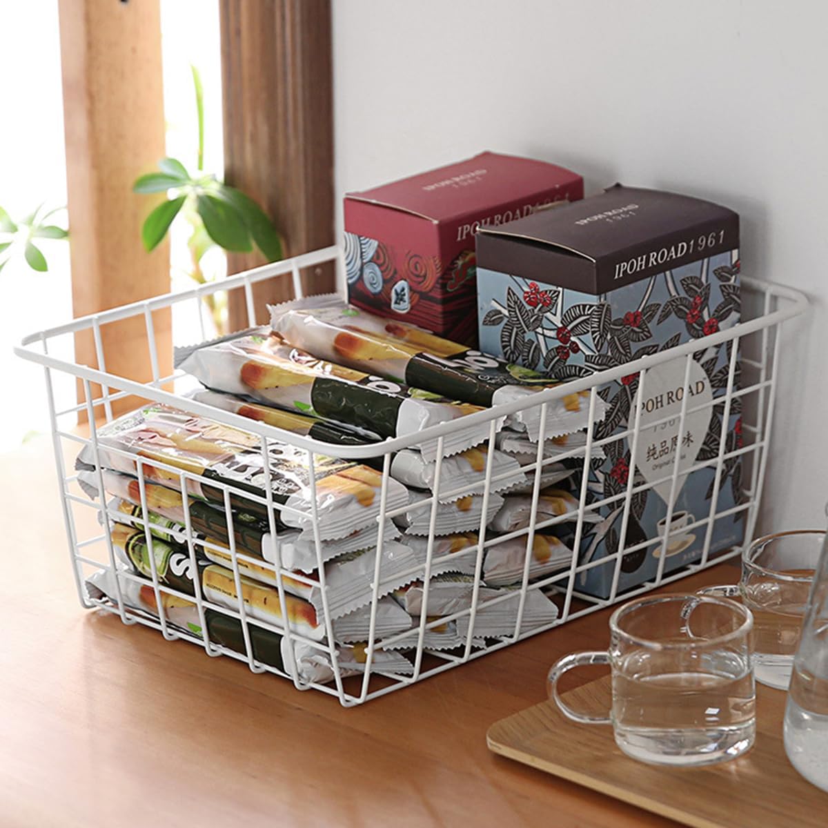 4 Pack White Wire Baskets for Pantry, 11" Upright Wire Freezer Storage Bins with Handles, Small White Metal Storage Basket for Freezer Organizing Office Kitchen Closets