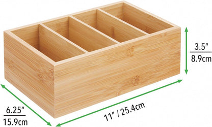 mDesign Bamboo Wood Compact Food Storage Organizer Bin Box - 4 Divided Sections - Holder for Seasoning Packets, Pouches, Soups, Spices, Snacks - Natural