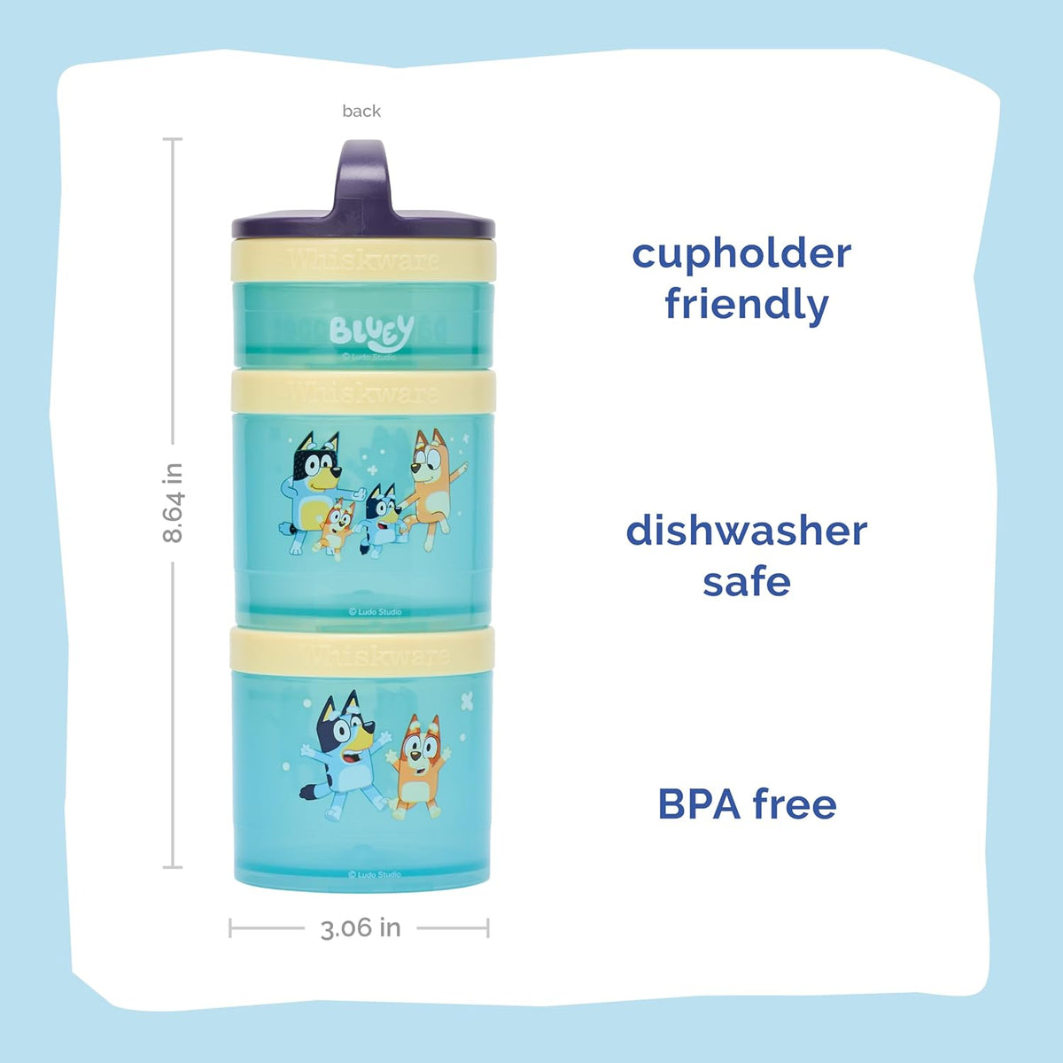 Whiskware Bluey Stackable Snack Containers for Babies, Toddlers, and Kids, 3 Stackable Snack Cups for School and Travel, Cupholder Friendly, Bluey and Bingo! Let’s Do This!