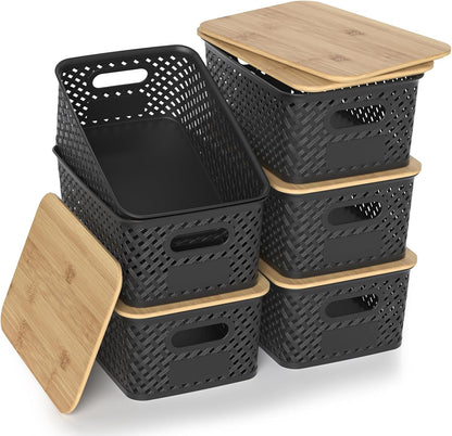 Plastic Storage Bins with Bamboo Lids, Stackable Small Box Baskets for Organizing and Containers for Shelves Drawers Desktop Closet Pantry Classroom Office Home, 6 Pack 10.2x7.2x4.1 Inch, Black