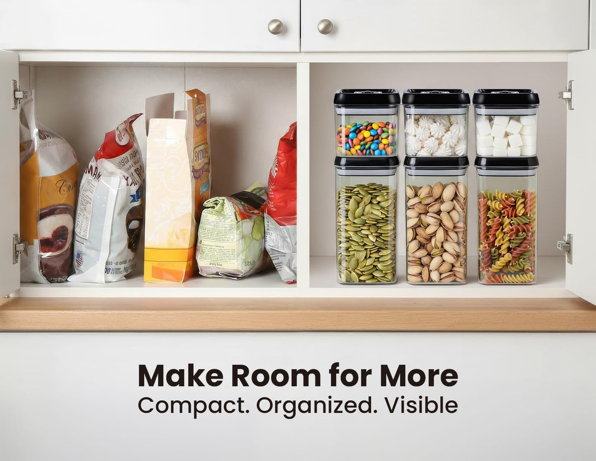 Felli Flip Tite Storage Container with Built-In Spoon & Airtight Lid 5” Large-M Ring Flip Top, Stackable Acrylic Canister for Sugar Flour Powder, Kitchen Pantry Organizer (1.8qt), 2 spoons