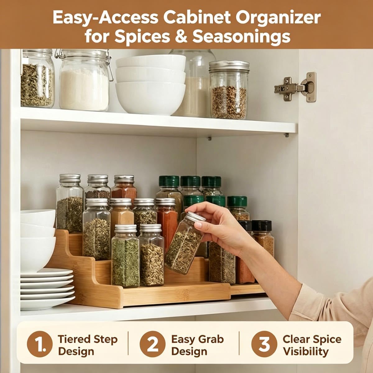 JinDoWin Spice Rack Organizer For Cabinet, Spice Organization For Cabinet, Spice Rack For Countertop,15.7 Inch Adjustable Seasoning Organizer Spice Organizer (Medium)