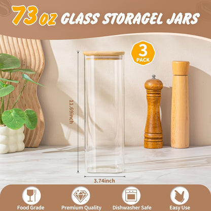 SENTVEND 37 Oz Glass Storage Jars with Bamboo Lids - 6 Pack Clear Glass Canisters Square Airtight Stackable Ideal for Pantry Storage Containers Organizers Great for Storing Oats Coffee Beans Nuts etc