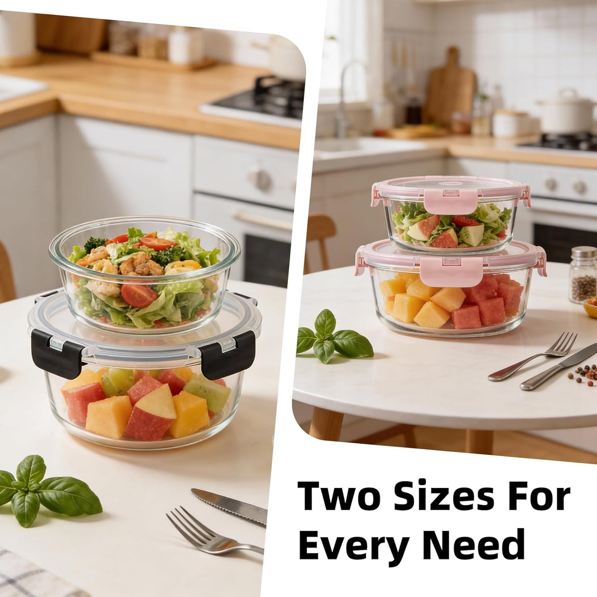 Konokyo Round Glass Food Storage Containers with Lids, 12 Pack Airtight Leakproof Meal Prep Containers, BPA-Free, Microwave Oven Freezer & Dishwasher Safe, Assorted Sizes