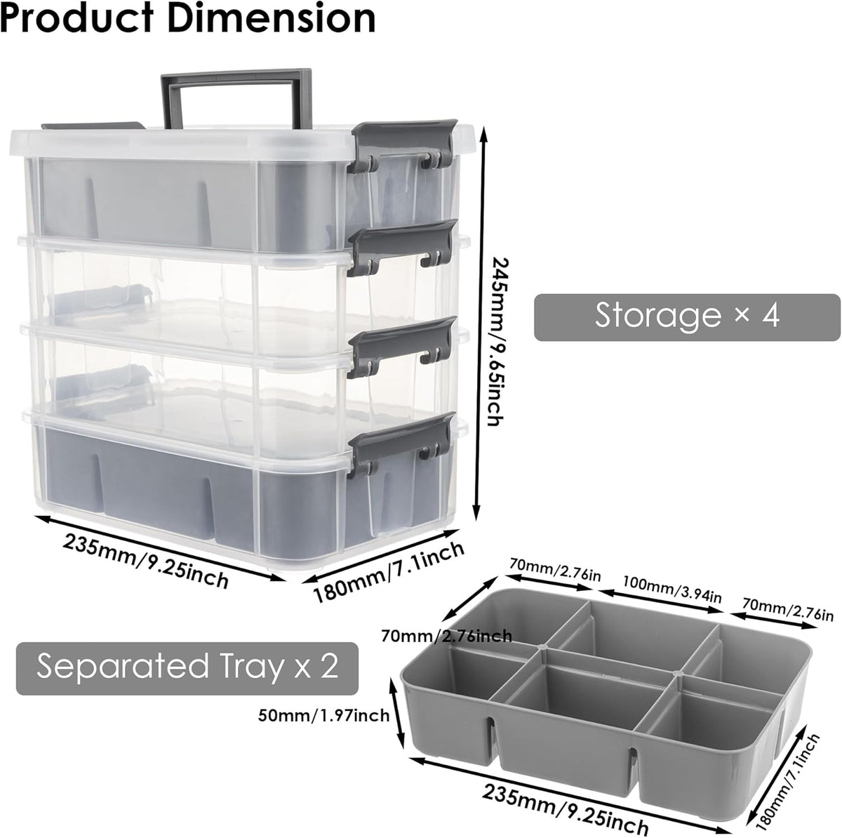 CraftGenes Grey&White Modern Plastic Storage Box - 4-Layer Durable Craft Storage Containers with 2 Removable Trays for Arts & Crafts Supplies, Sewing, Office, Seasonal Decor