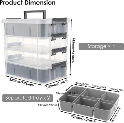 CraftGenes Grey&White Modern Plastic Storage Box - 4-Layer Durable Craft Storage Containers with 2 Removable Trays for Arts & Crafts Supplies, Sewing, Office, Seasonal Decor