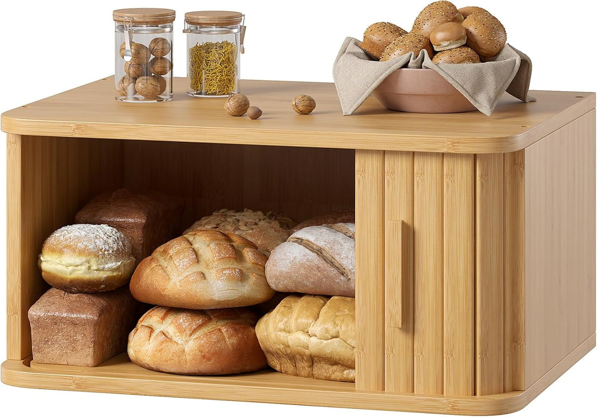 WOWLIVE Bread Box for Kitchen Countertop, Large Roll Top Bread Boxes with Sliding Door, Airtight Bread Storage Container for Loaves, Pastries & Bagels, Bamboo Counter Organizer (Natural, Medium)