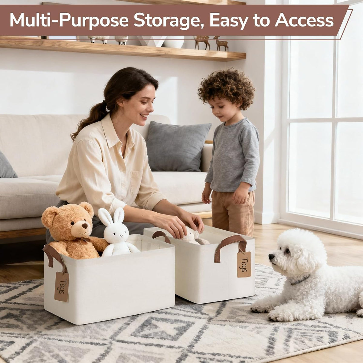 CHICVITA 4 Pack Large Storage Baskets for Shelves, Collapsible Closet Organizer Bins with Metal Frame, Fabric Storage Bins for Clothes Towels Organization, 16.8" x 11" x 9.8", Beige