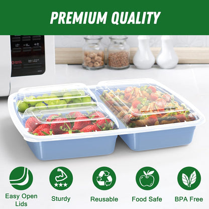 50 Pack (100-Piece) 32 oz Meal Prep Containers Reusable with Lids 3-Compartment, To Go Take Out Plastic Food Storage Containers, Sturdy Leakproof Food Safe, Microwave Freezer Dishwasher Safe, Black