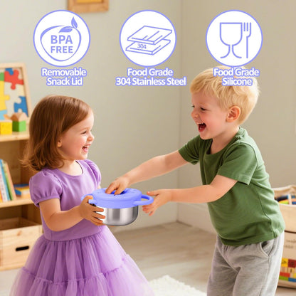 BUSOHA 2 Pack Stainless Steel Toddler Snack Cups - 9 OZ Spill-Proof Baby Snack Containers with Silicone Catcher and Lid Travel Snack Containers for Kids Food Grade Silicone Dishwasher Safe