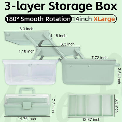 TERGOO 12.5in 3-Layer Multipurpose Craft Organizers and Storage with Adjustable Dividers, Portable Tackle Box, Folding Art & Craft Case for Medicine, Tool, Sewing Organizer (Haze Green)