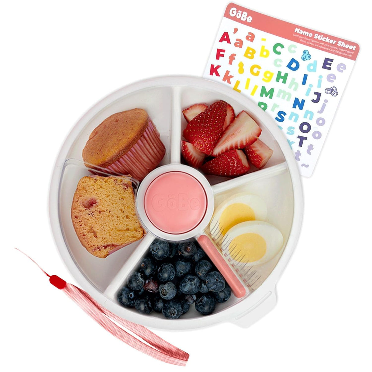 GoBe Kids Small Snack Spinner Slide Bundle with Hand Strap and Sticker Sheet - Reusable Snack Container with 5 Compartment Dispenser and Lid | BPA/PVC Free | Dishwasher Safe | No Spill - Coral Pink