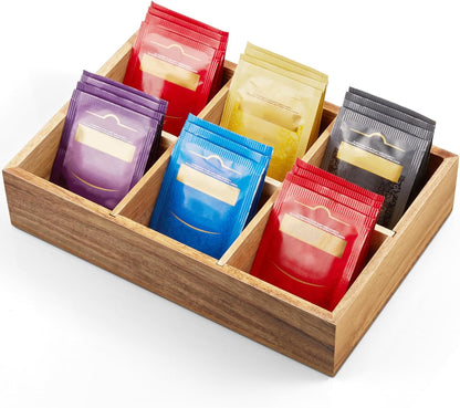 DRASTAR Tea Bag Organizer, Acacia Tea Bag Holder, Tea Storage Containers with 3 Slots, Wooden Tea Storage Accessories, Mini Tea Bag Caddy Box for Countertop