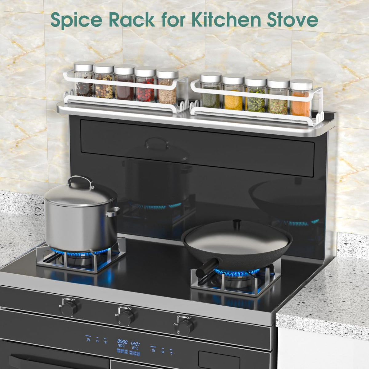 LUCYCAZ Wall Mounted Spice Rack with 8 Hooks, Spice Organizer Shelf for Stove Cabinet Pantry Door,Screw or Adhesive Spice Shelf Hanging Wall Spice Rack in Kitchen and RV (Black)