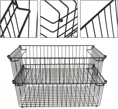Set of 2 Stackable XXL Wire Baskets For Pantry Storage and Organization -16x12in Large Metal Food Baskets -Vegetable,Fruit,Potato,Onio, Pantry Storage Bins With Handles (Black, XXL)
