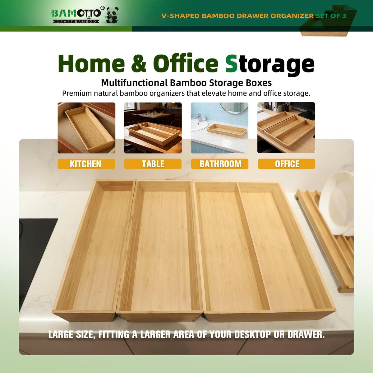 BAMOTTO CRAFTBAMBOO Stack Bamboo Drawer Organizer Set of 5, Kitchen Utensil, Flatware&Silverware Organizer-Wood Laminated Stackable for Kitchen, Bedroom, 13.4''x4.5''*2+10.2''x3.3''*2+10.2''x6.7''*1