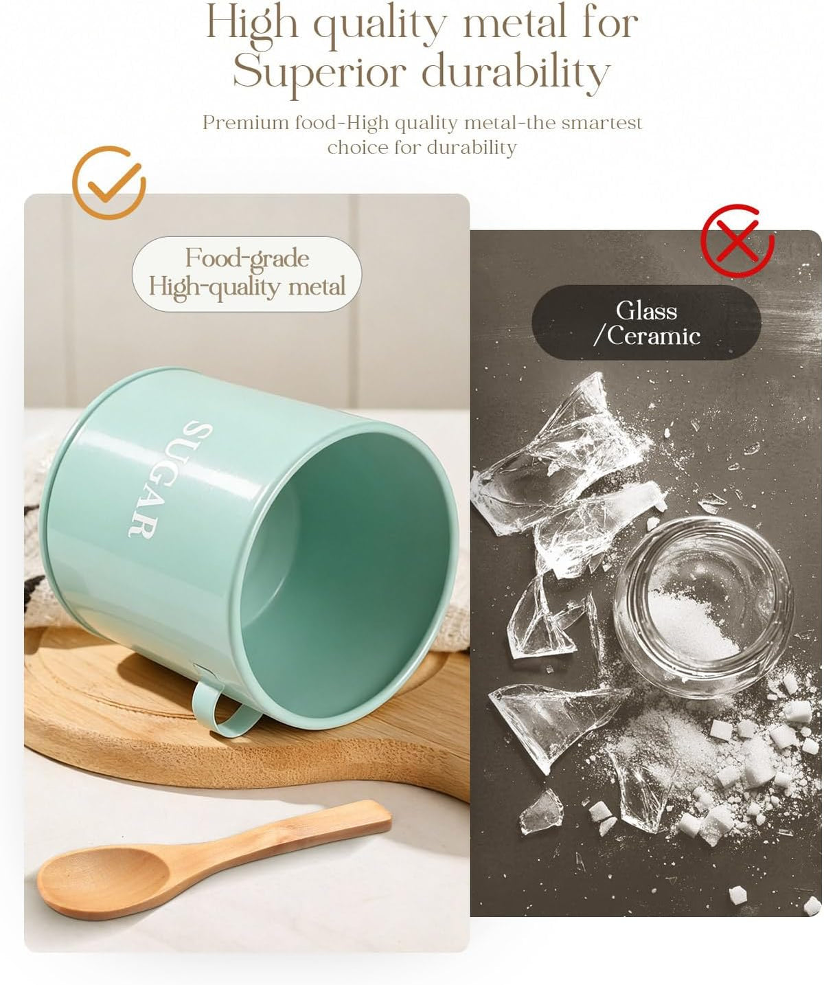 AISBUGUR Sugar Bowl with Lid and Spoon: 17oz Metal Sugar Container - Airtight Food Sugar Jar - Coffee Bar Accessories - Countertop Kitchen Decor (White)